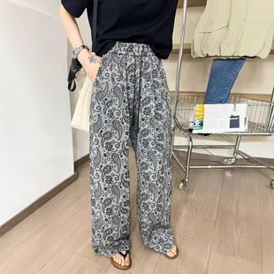 Vintage Cashew Flower Cotton and Hemp Pants Summer Thin Lazy Style Printed Casual Pants Fashionable Elegant Loose Trousers