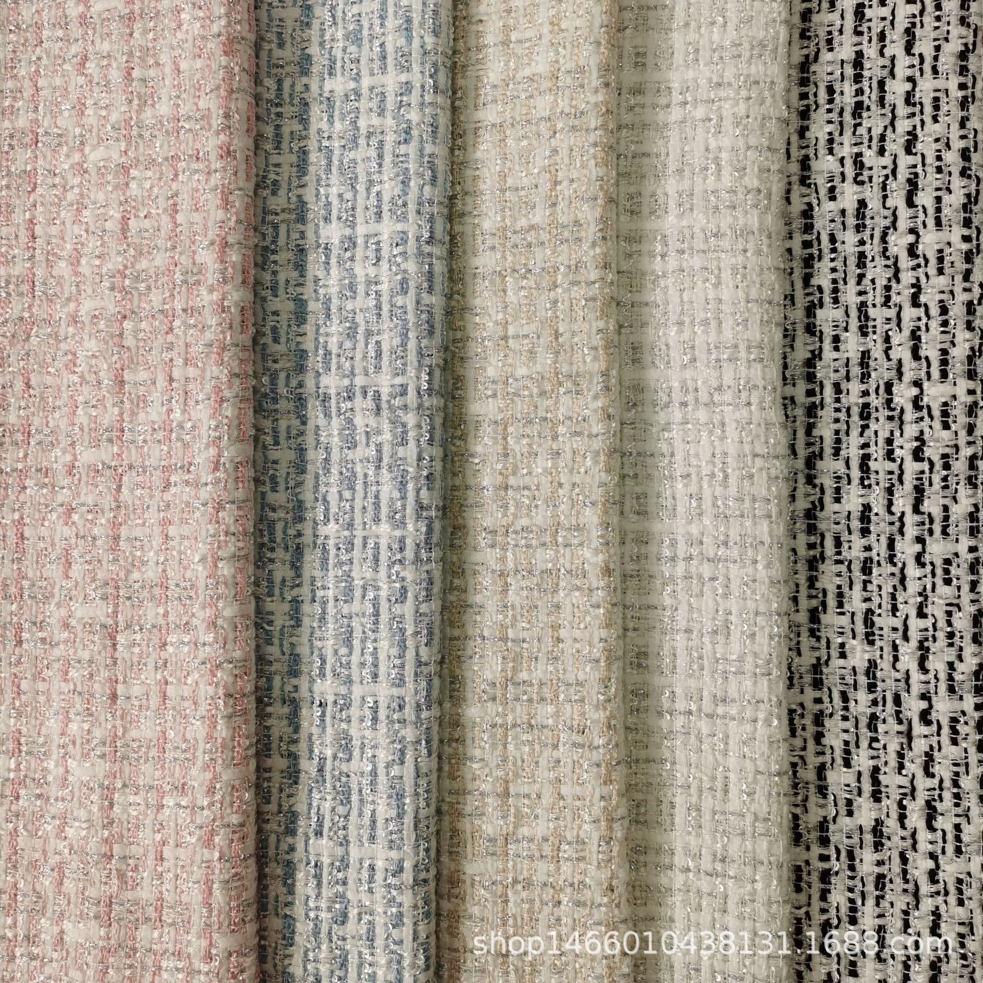 卓曦纺织|小香风春夏银丝带子格粗纺编织毛纺服装箱包面料现货