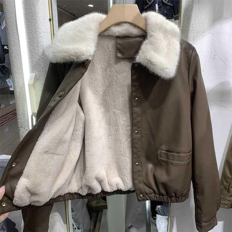 2025 foreign style new fleece-lined thick short leather jacket fashion autumn and winter coat small fur collar leather jacket