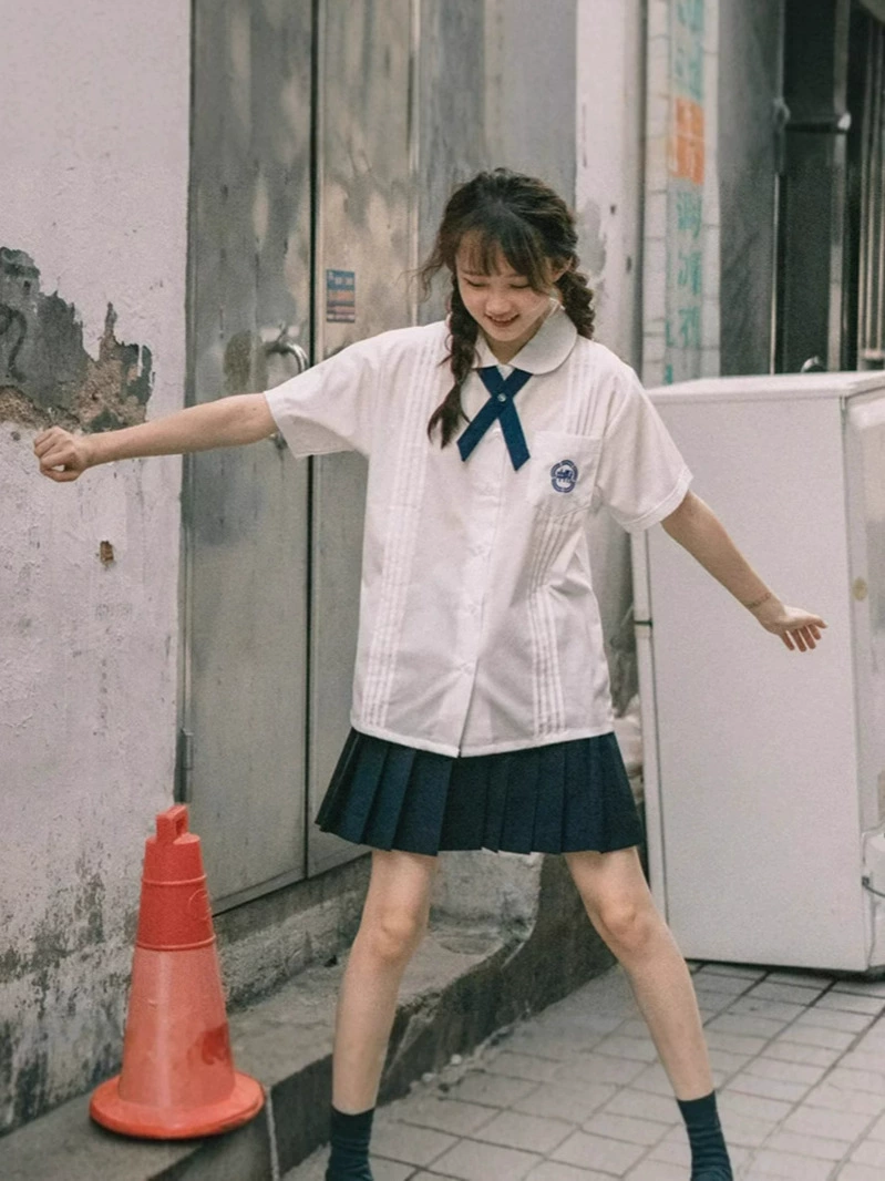Uniform, shirt, student pleated skirt, set, long-sleeve, brace, with embroidery