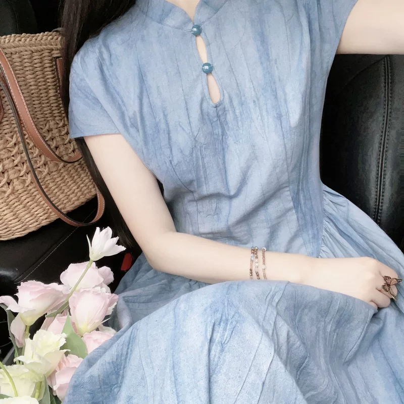 Wutong and the Moon｜Nanhu Xiangwan｜Новый китайский стиль тай-дай hollow waist cheongsam платье дымно-фиолетовый