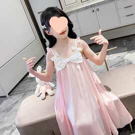 儿童睡裙夏季薄款女童中大童蝴蝶结吊带裙子家居服睡衣冰丝夏天棉
