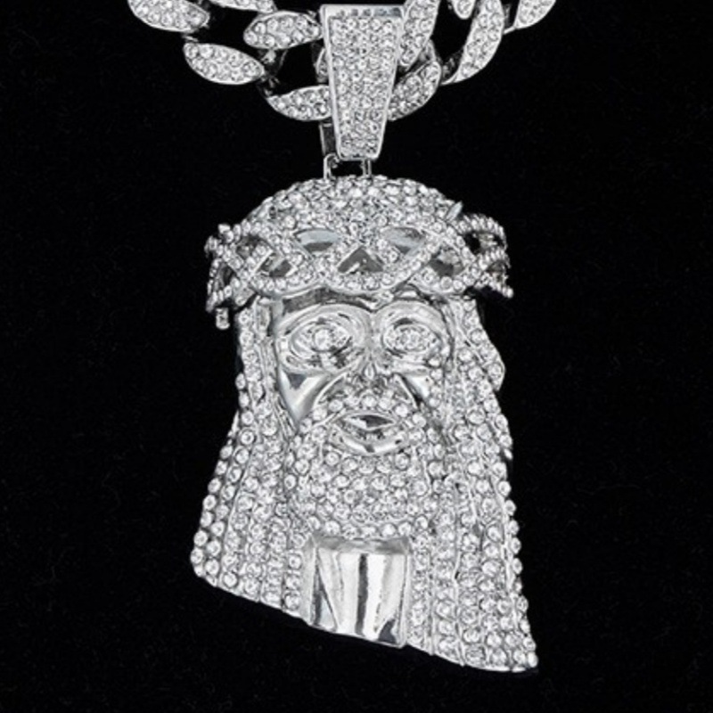 Cross-border European And American Style Portrait Necklace For Men, Hip-hop Trendy Alloy Pendant With Rhinestones, Cuban_voghion.com