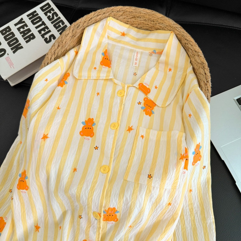 Transfronterizo al por mayor lindos rayas amarillas osos impresión pijamas de primavera y otoño nuevos pantalones de mangas largas set de ropa para el hogar