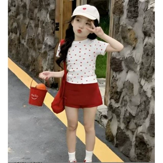 2026夏季新款女童套装爱心短袖上衣红色蝴蝶结短裙裤甜妹风两件套
