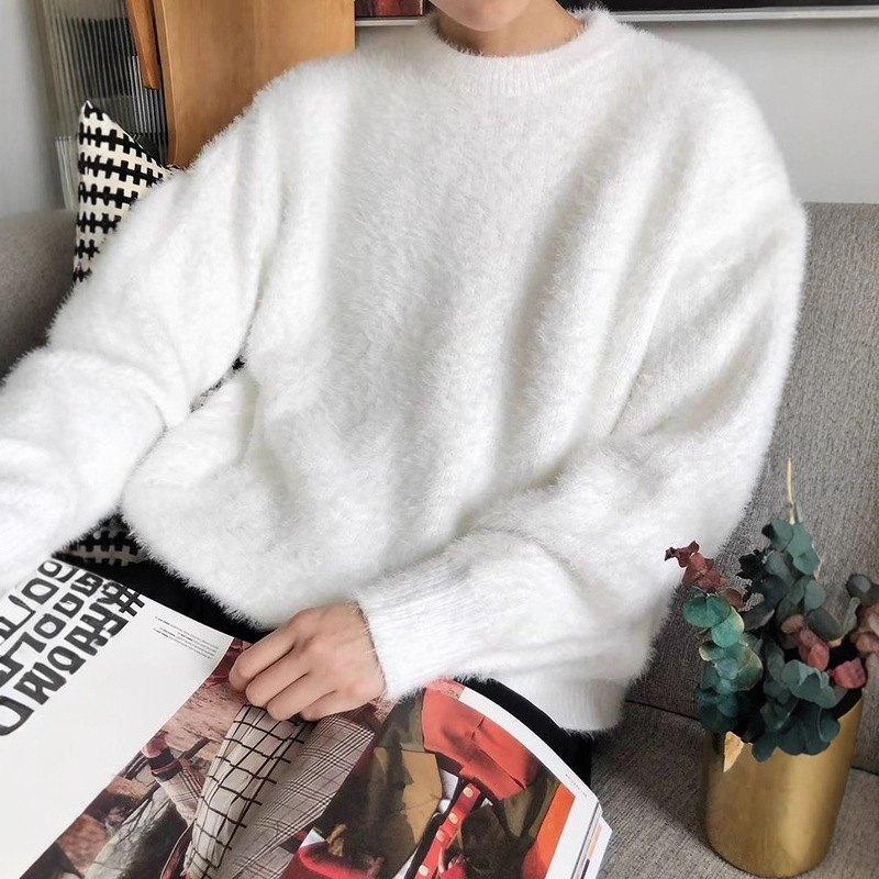 Autumn and Winter Boyfriend Style Thickened Loose Lazy Style Knitted Shirt Simple Solid Color Round Neck White Sweater Men's Korean Style Trendy Autumn and Winter Boyfriend Style Thickened Loose Lazy Style Knitted Shirt Simple Solid Color Round Neck White Sweater Men's Korean Style Trendy