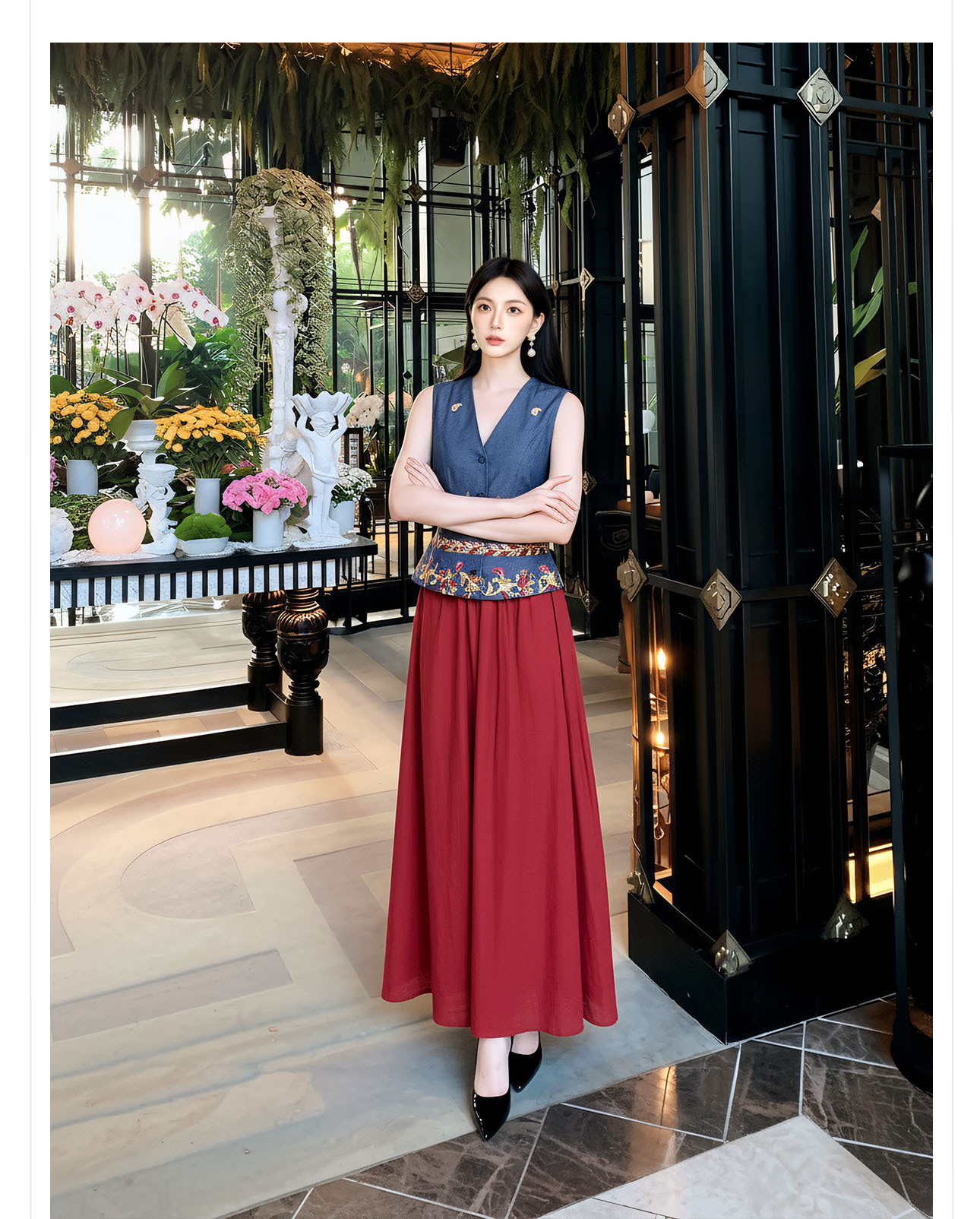 Bộ áo gile không tay và chân váy đỏ thêu hoa tân cổ điển — bộ đồ, nửa váy, Trang chủ chi tiết 10