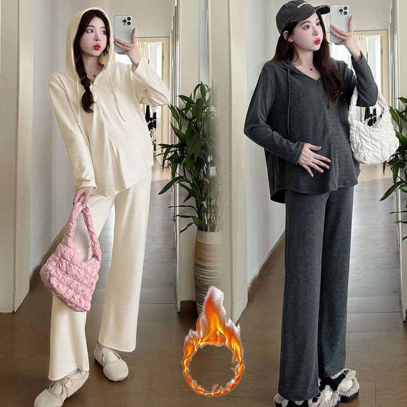 Maternity Wear Autumn and Winter New Drawstring Half-Zip Hooded Long-Sleeved Belly-Free Pig Nose Buckle Adjustable Wide-Leg Pants Suit