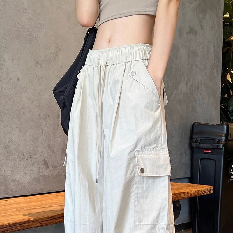 White Ice Silk Cargo Pants for Women, Summer Thin Style 2025 New Petite Wide-Leg American Quick-Dry Paratrooper Hiking Pants