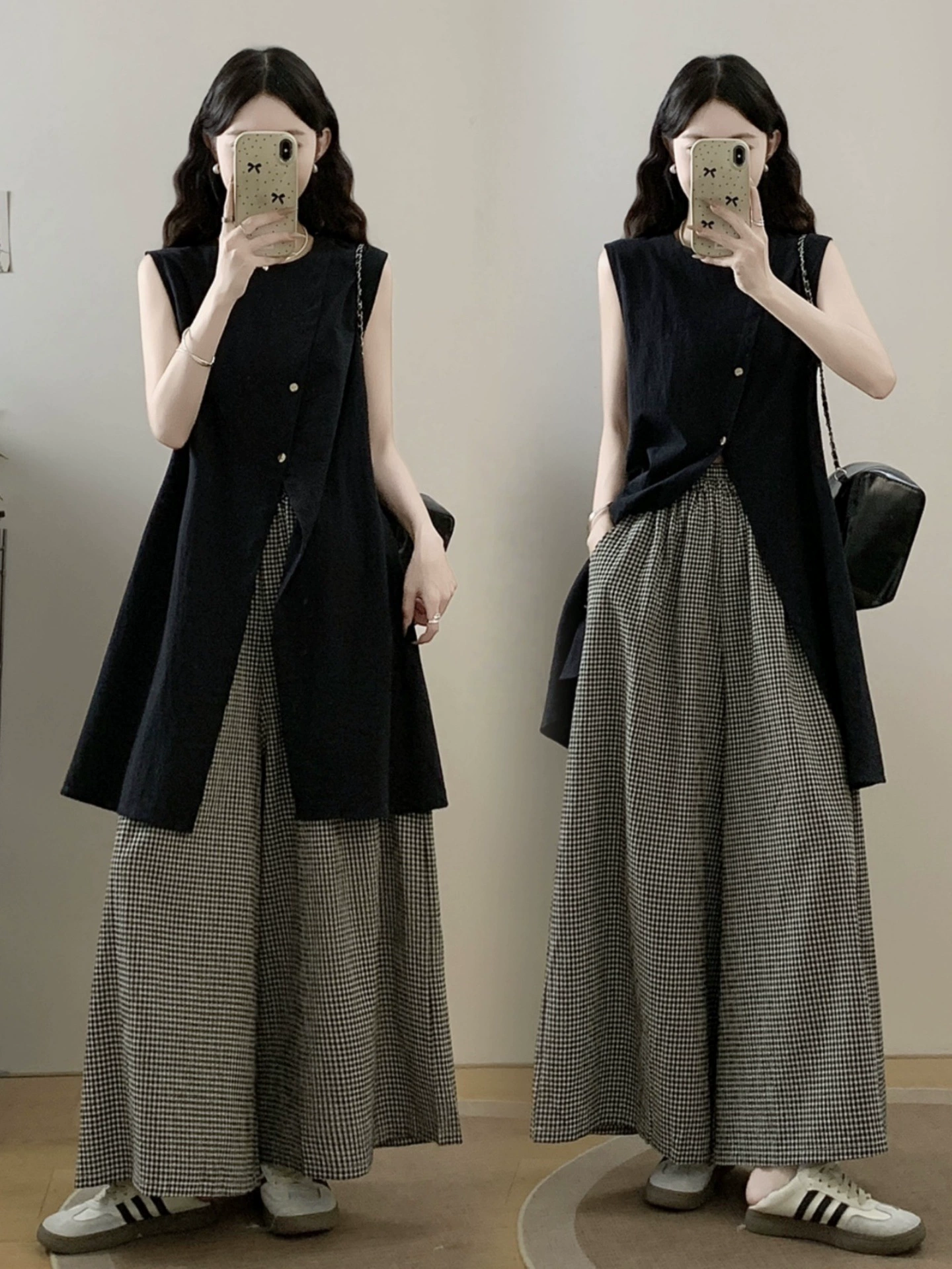 Летний комплект одежды для женщин больших размеров: утягивающий дизайн с топом на бретельках с разрезом и широкими брюками, комплект из двух предметов