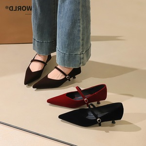 2388 Korean style pointed shallow mouth straight buckle strap low heeled women's shoes with high-end suede workplac