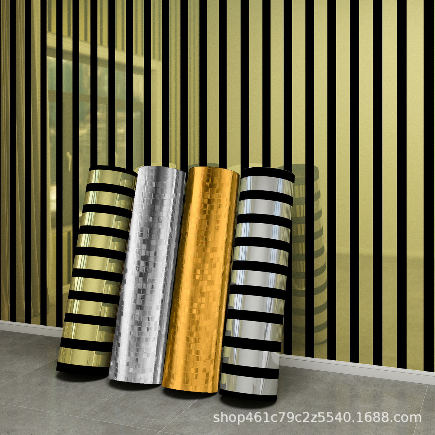 Reflector dorado y plateado pared de fondo de televisión decoración de rayas KTV habitación autoadhesiva pared de papel pintado exterior