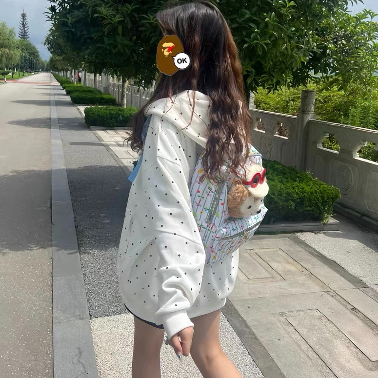美式风拉链连帽卫衣女春秋大码胖mm穿搭休闲宽松长袖外套波点上衣|undefined