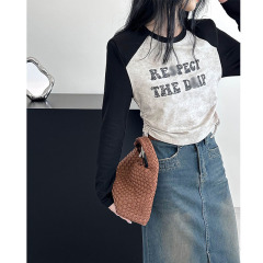 オレンジラウンドネック韓国デザイントップ2025春コントラスト文字トレンディでクールなデザインTシャツ8202-1