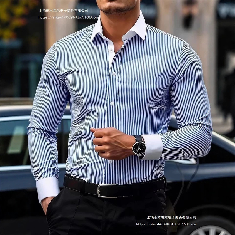 Amazon independent site men's business casual striped long-sleeve shirt with a stylish design featuring a turn-down collar and patchwork details