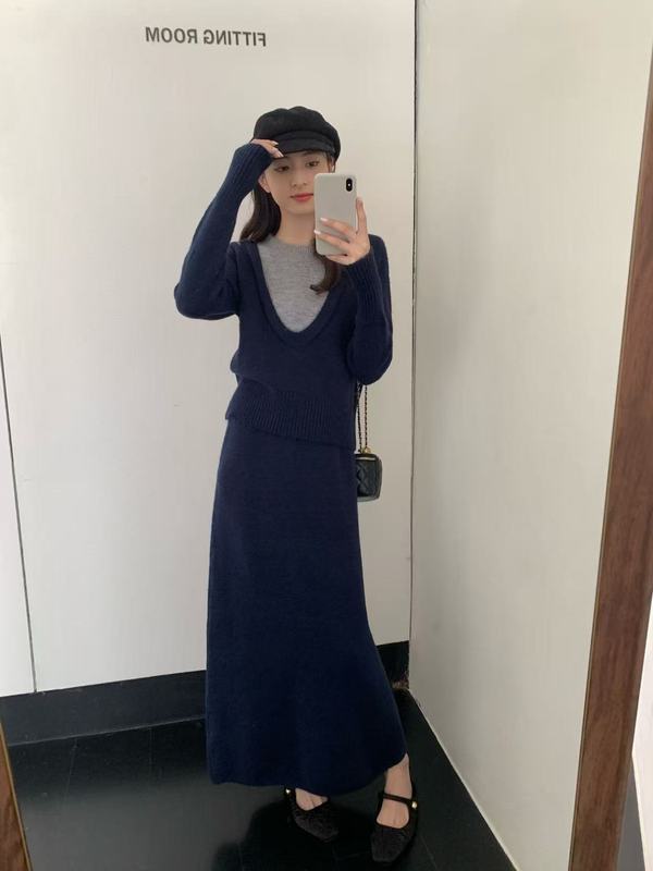 秋冬新款韩系假两件套头针织衫上衣搭配显瘦高腰半身裙两件套装女|undefined