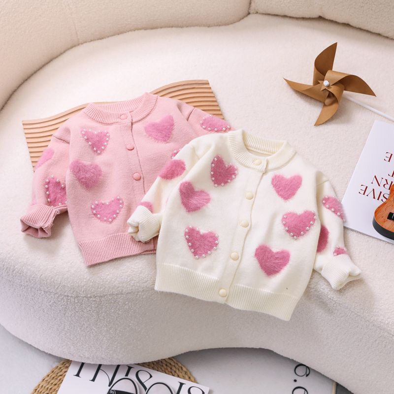 Girls' Cardigan Sweater, 2022 Autumn/Winter Style, Baby Knitted Cardigan, Heart-Shaped Outerwear, Stylish Top for Girls