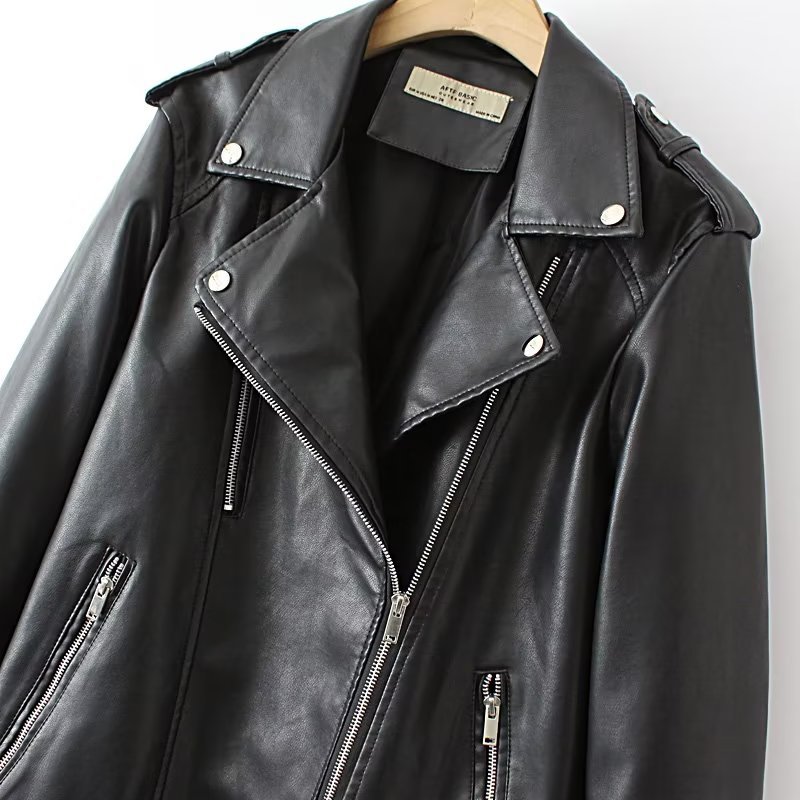 lapel long sleeve zipper solid color leather jacket NSAM139681