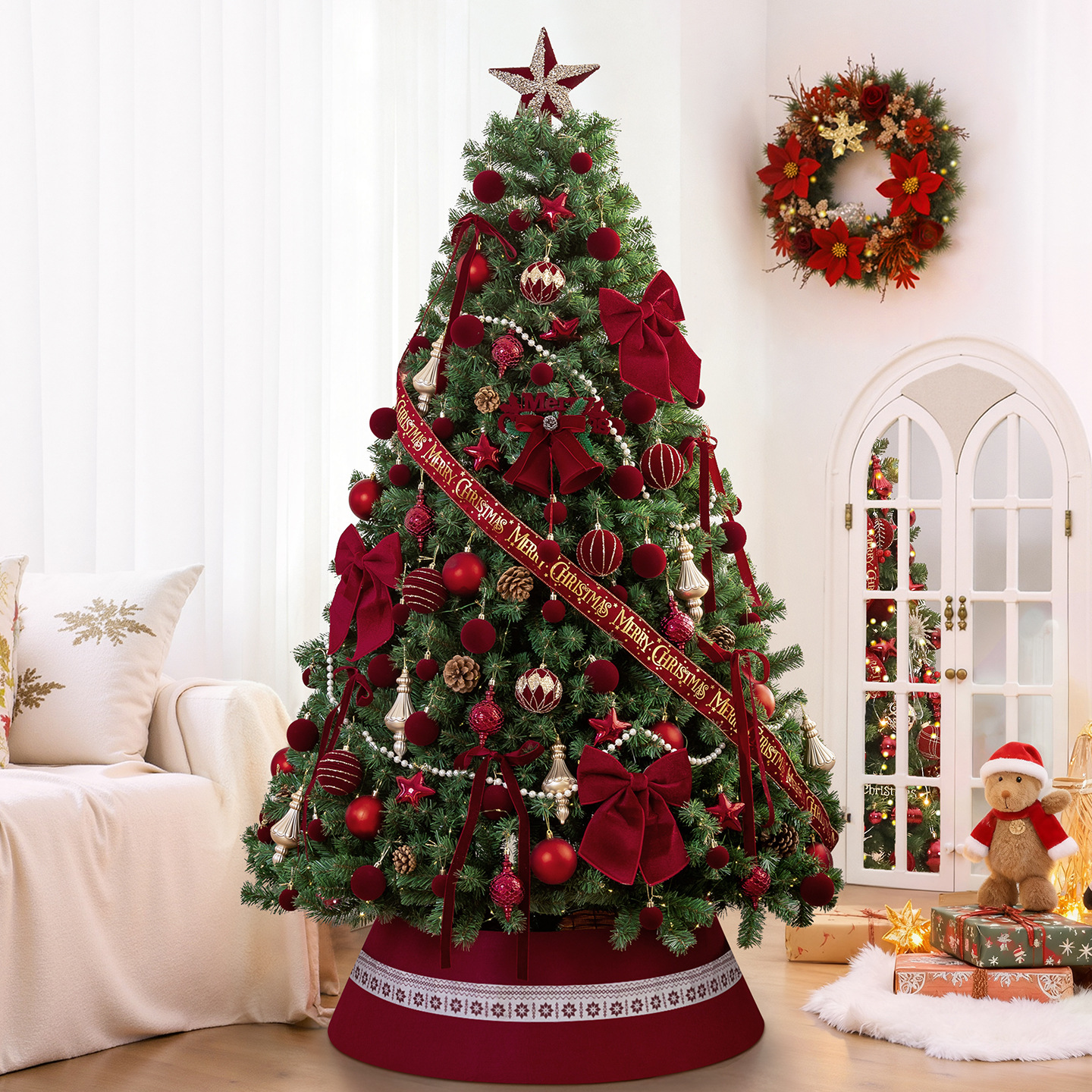 Nuevo set de árbol de Navidad de vino rojo para el hogar interior y exterior decoraciones navideñas grandes decoraciones de atmósfera