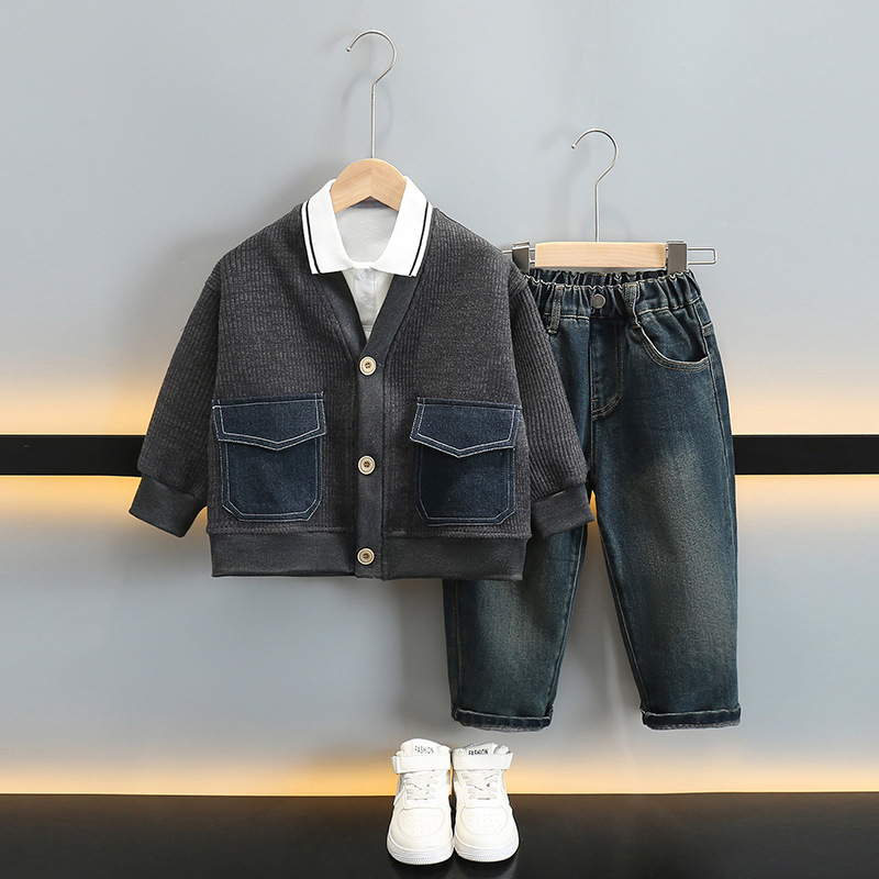 소년의 봄과 가을 세트 2024 새로운 서양식 데님 바느질 어린이 캐주얼 투피스 세트 어린이 대외 무역 아동복 트렌디