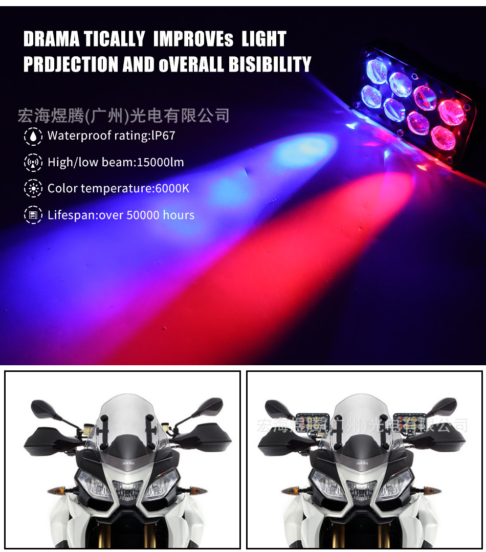 Universal work light for cars and motorcycles, ultra-bright external motorcycle spotlight, modified dual-row 8-bead lens motorcycle light