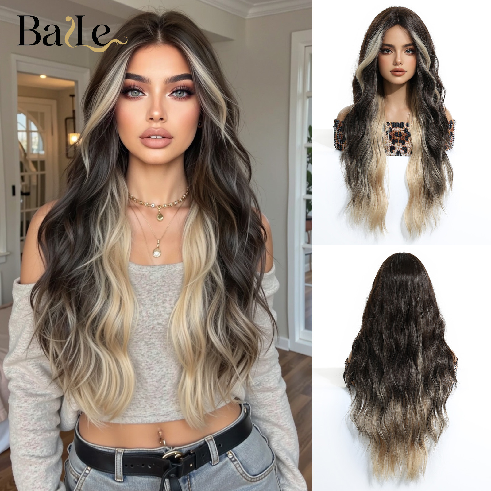 Peruca marrón oscuro teñido teñido claro oro largo rizos de cabello completo cubierta de cabeza femenina simulación cuero cabelludo wig seda de alta temperatura