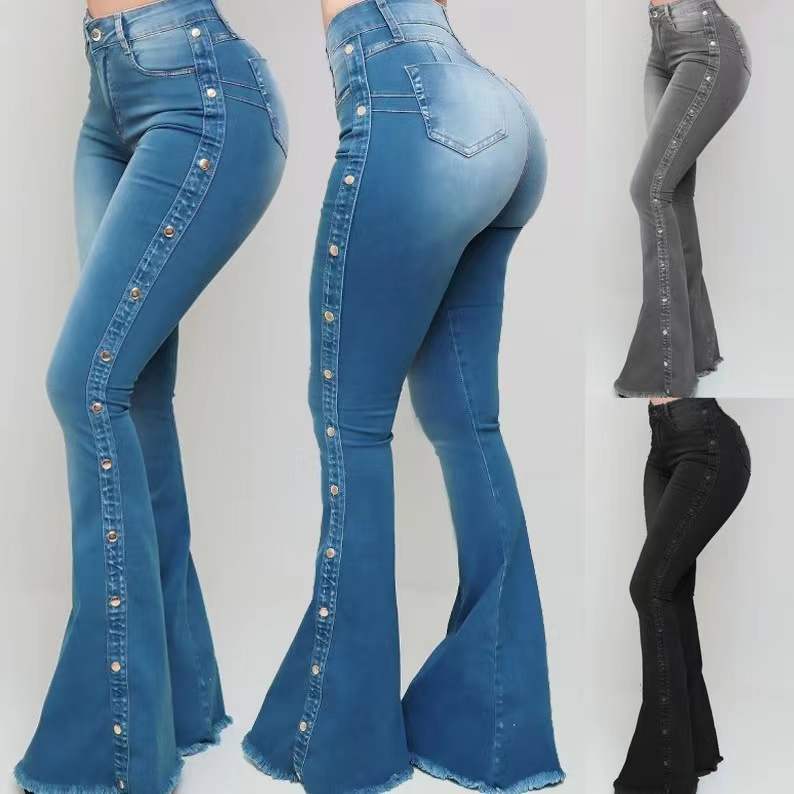 Frau Täglich Straße Strassenmode Einfarbig In Voller Länge Taste Schlaghose Jeans display picture 2