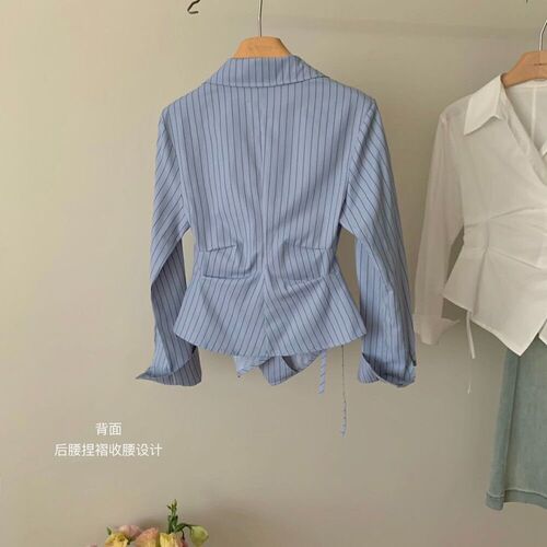 Plus-size designer irregular waist-defined slimming striped shirt—women’s new elegant lapel long-sleeved blouse