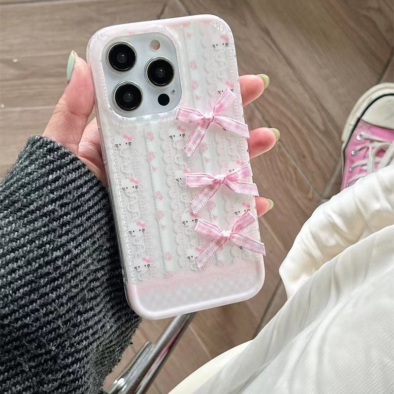 Dulce lazo de encaje rosa para iPhone15 funda para teléfono móvil 14pro max mujer 13pro colgante 12
