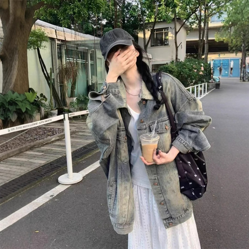 High Street American Style Vintage Washed Old Denim Coat Women's Spring and Autumn Loose oversize Mid-length Jacket Top