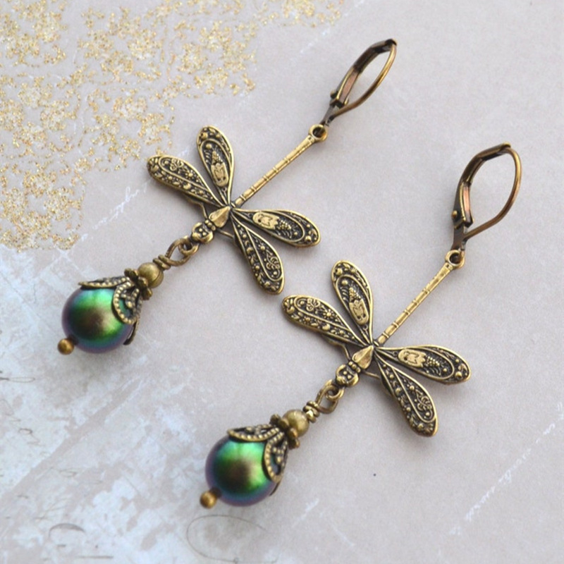 素馨跨境复古绿色宝石蜻蜓吊坠耳环时尚耳钉女珠宝饰品耳饰批发
