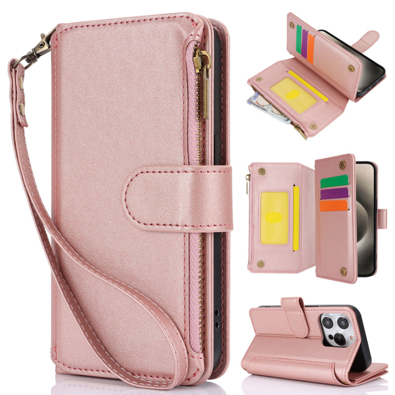 For Apple 15 Multi-Card Crossbody Zipper Card Bag Phone Case 15promax Card Flip Wallet Leather Case