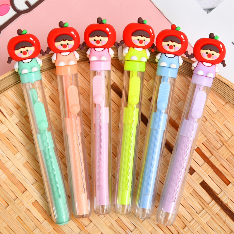 Manzana de dibujos animados más de una hermana empujar y tirar de goma estudiantes corrección de errores de bolsillo lápiz borrado niños dibujos animados empujar y tirar de goma