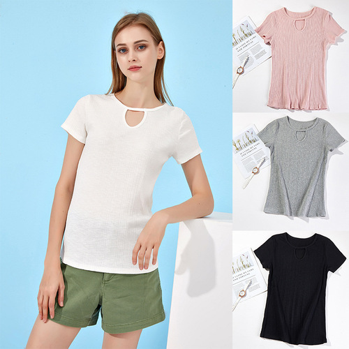 Pit strip round neck half sleeve ribbed casual T-shirt knit top for women
