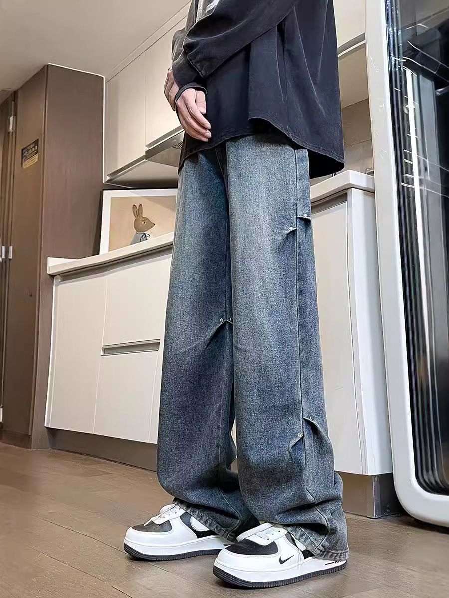 Джинсы, ретро осенние повседневные брюки, штаны, в американском стиле, свободный прямой крой