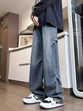 Джинсы, ретро осенние повседневные брюки, штаны, в американском стиле, свободный прямой крой
