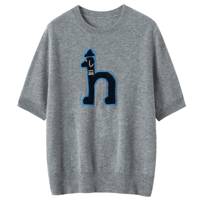 Casual and simple cashmere pullover with pony jacquard and hand embroidery, round neck, short sleeve, thin knit T-shirt for women