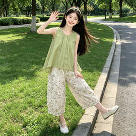 女童套装夏季新款无袖棉布开衫碎花灯笼裤中大童时髦文艺范两件套