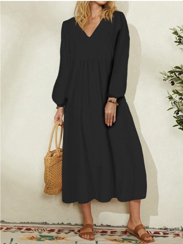 Women's Casual Cotton Linen Dress Loose Oversized Lantern Sleeves Vintage European American Daily Wear_ecoleips.com