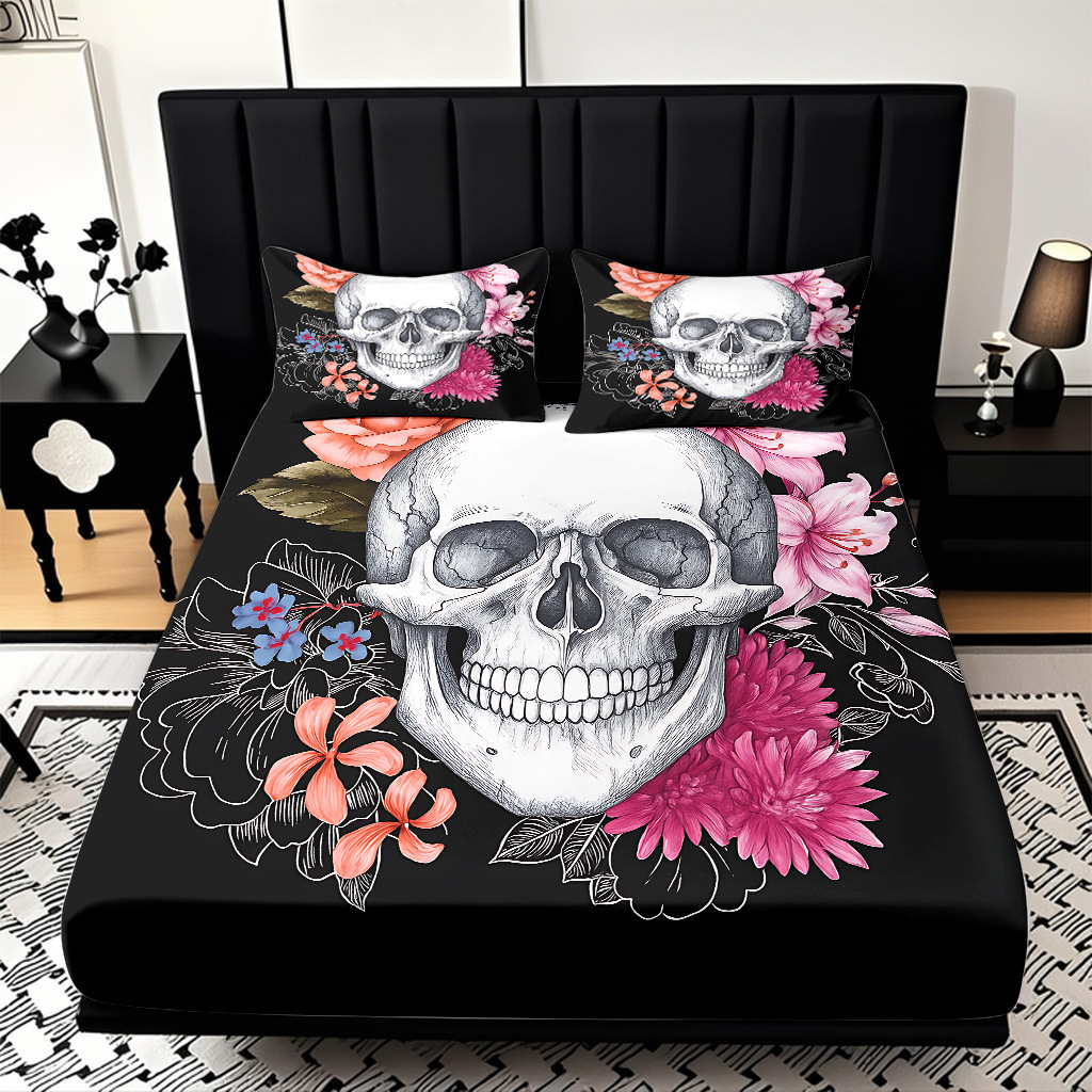 TEMU / JIT abrasión cama Kits cráneo patrón de impresión digital HD ropa de cama para diseñar