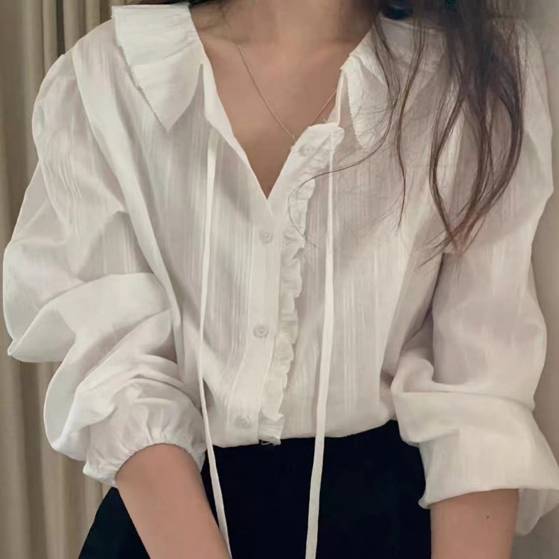 South Korea Dongdaemun Sweet Long-sleeved White Shirt 2025 Spring and Summer New UUS Pleated Lapel Strap Women's Cardigan