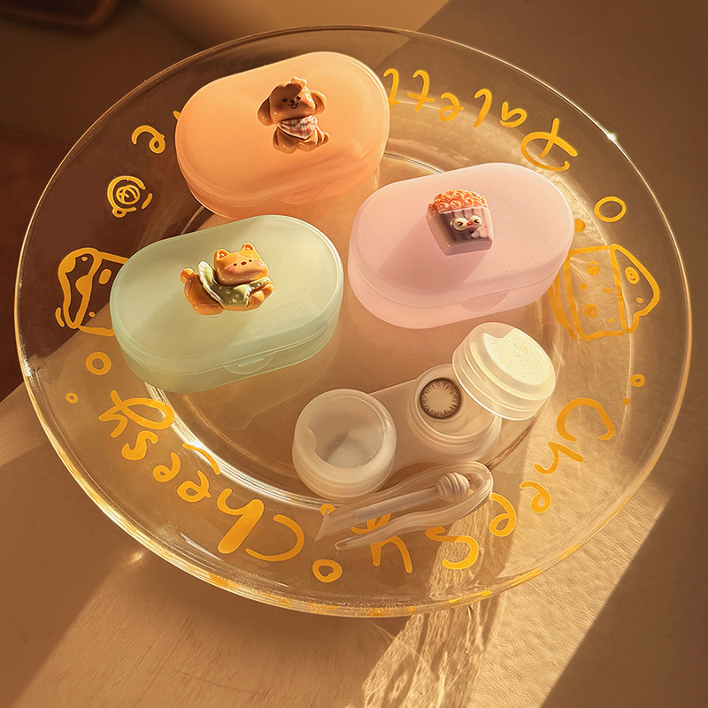 Cartoon Cute Contact Lens Case for Women, Simple Double Companion Box, Daily Disposable Contact Lens Box, Portable Clip and Suction Stick