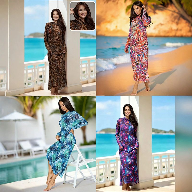 European and American Cross-Border Russian Mesh Printed Beach Cover-Up Long-Sleeve Sun Protection Shirt Long-Sleeve Sun Protection Clothing