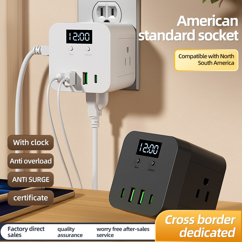 亚马逊temu跨境美式魔方插座转换器一转四美规USB多功能时间插板