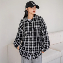 千鸟格小香风衬衫外套衬衫女秋设计感格子亚麻衬衫情侣装长袖衬衫