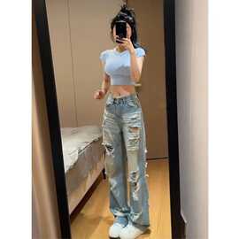 美式破洞设计感直筒牛仔裤女夏季新款高腰显瘦阔腿乞丐裤潮