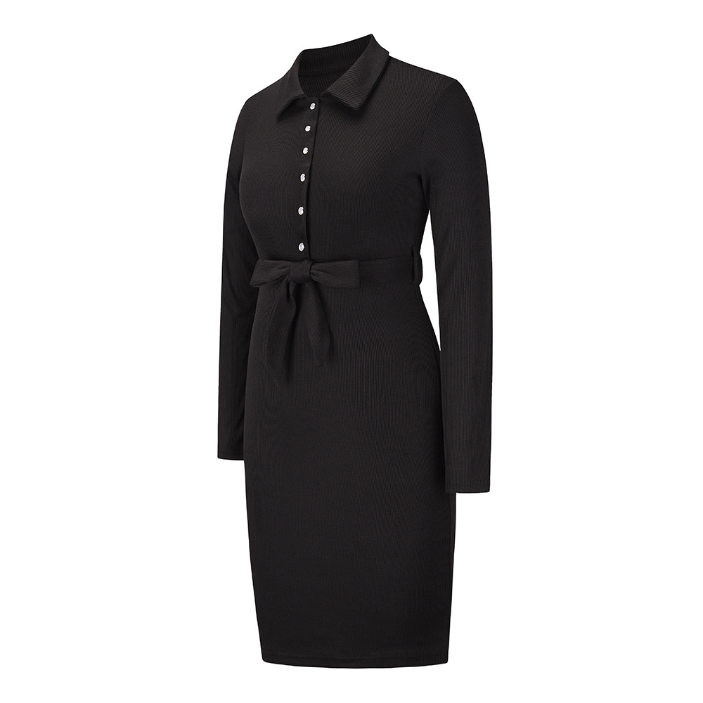 Slim Long Sleeve Lapel Collar Belt Midi Dress