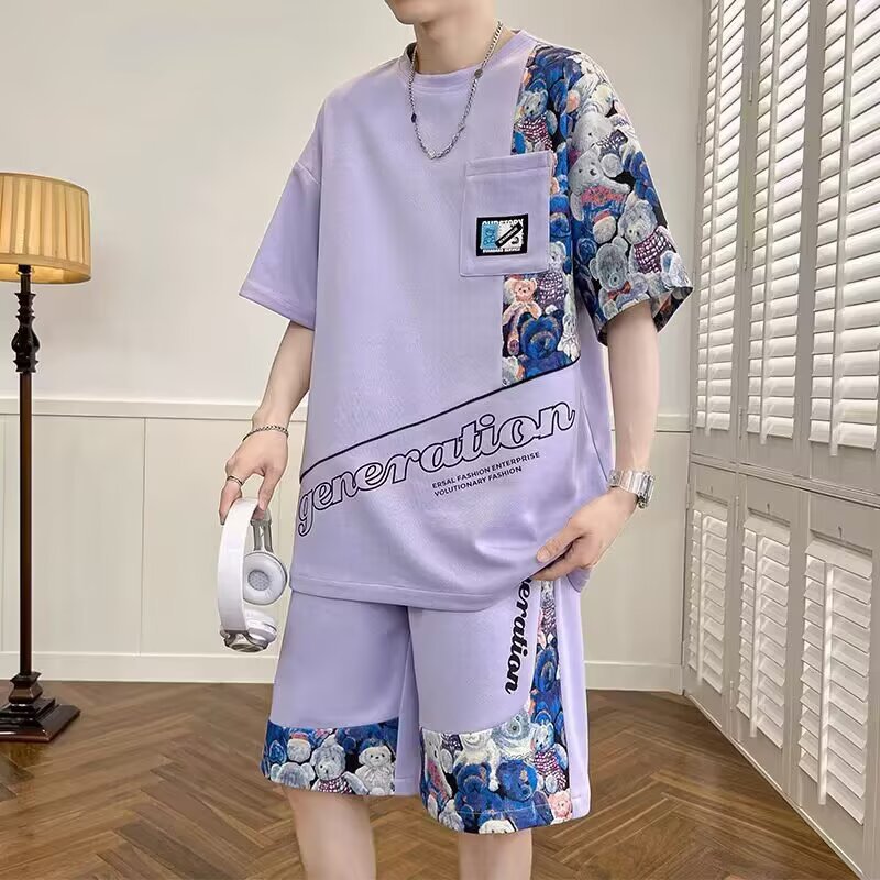 Men's Summer Waffle Patchwork T-Shirt And Shorts Set Short Sleeved Sporty Loose Two Piece Outfit_viptrois.com