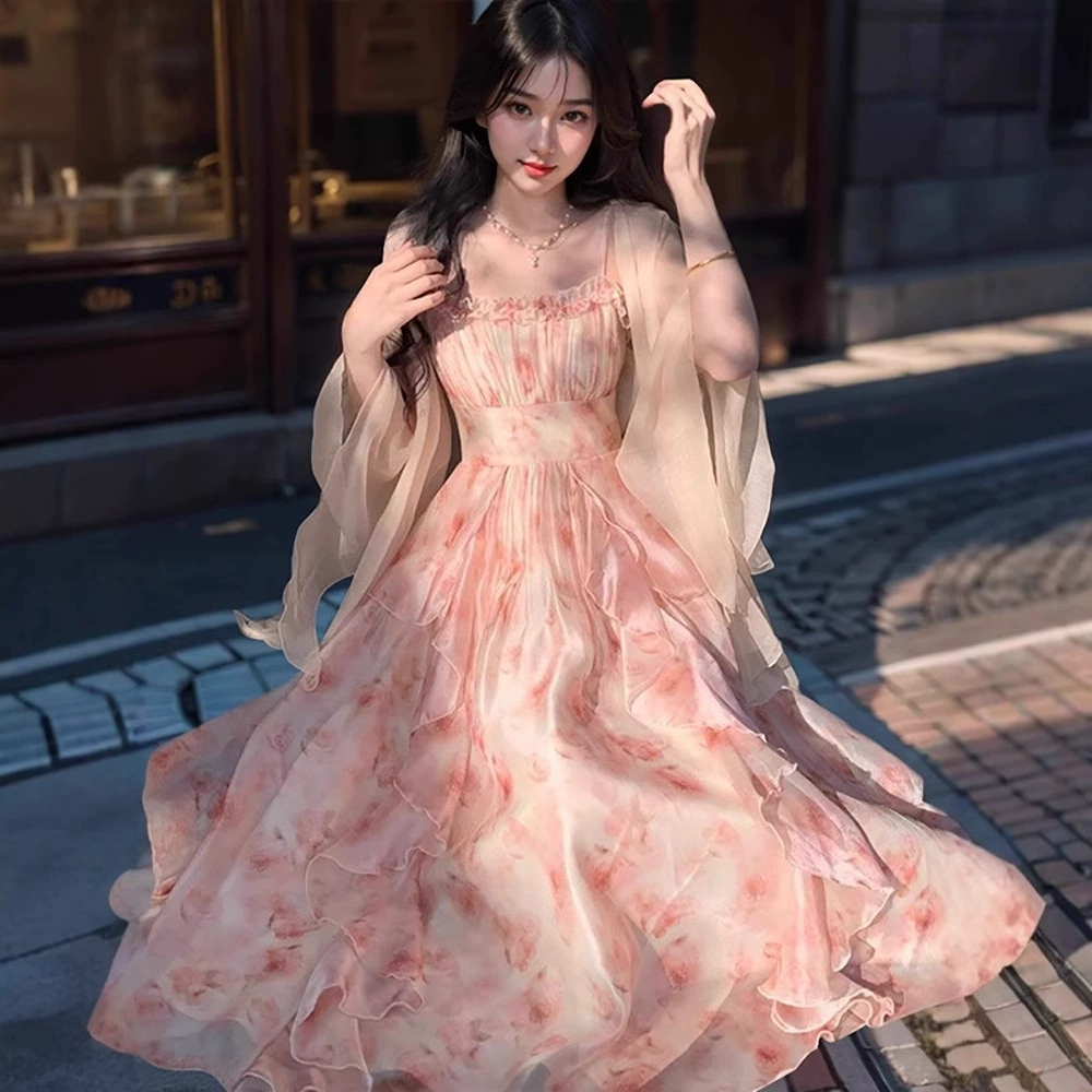 Летний набор slip dress — прилегающий bodice, длинная юбка и кардиган, лёгкий струящийся стиль