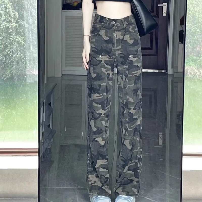 American-style men's summer wide-leg casual high-street trendy loose straight camouflage retro lumberjack work pants